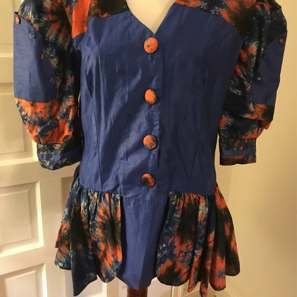 Handmade Tops - Handmade Blue and Orange Puff Sleeve Peplum Blouse